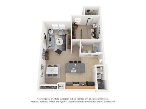 Floor plan for 1 bed, 1 bath, 681 sqft
